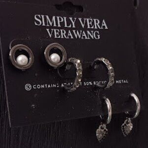 VERA WANG Goth 3pc Circle Pearl Studs + Gray Crystal/Silver Charm Hoop Earrings